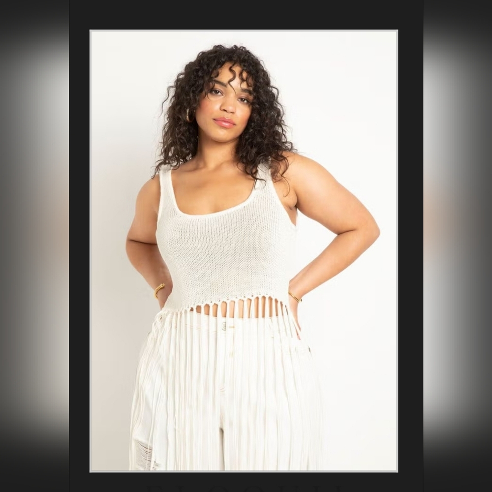 Eloquii White Knit Fringe Tank Top